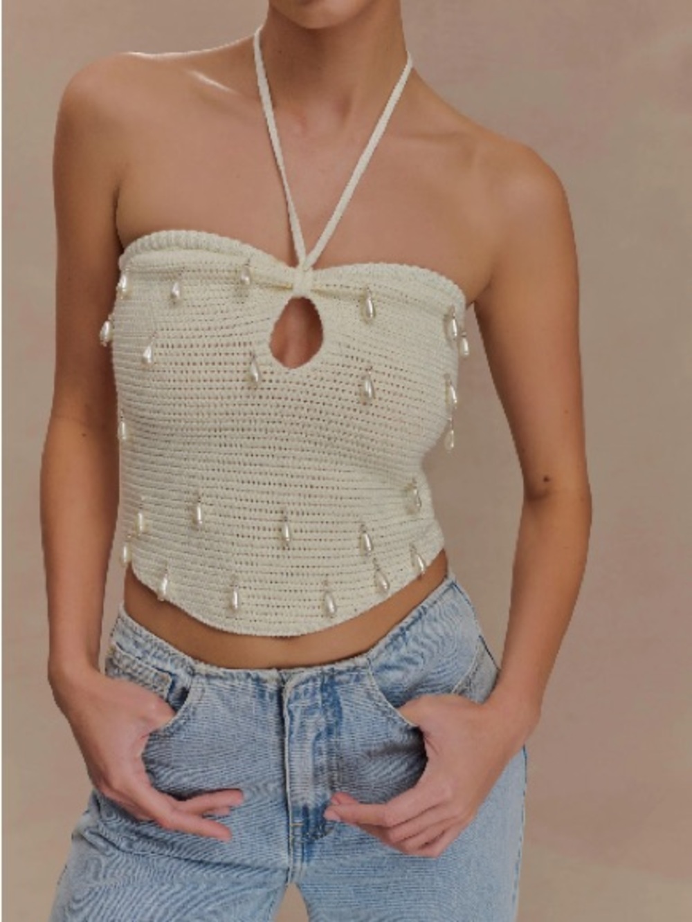 Meshki Knit Pearl Halter Top